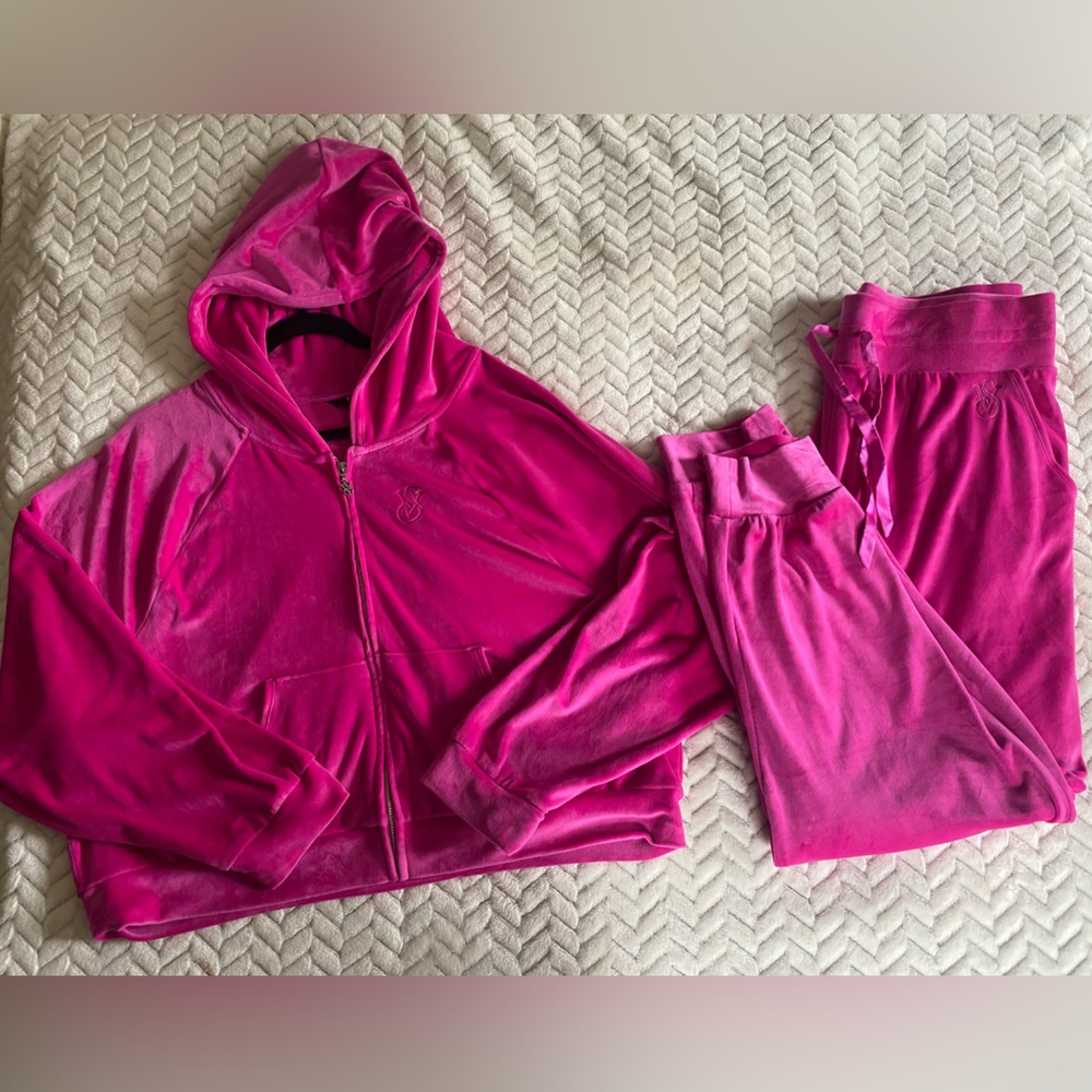 Victoria's Secret set FULL ZIP HOODIE+JOGGERS hot pink VELOUR tracksuit XL